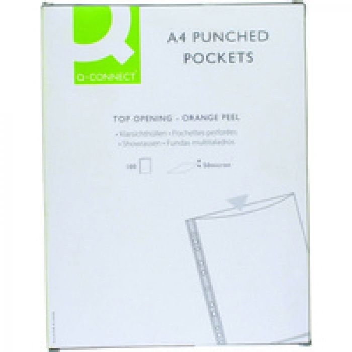 Q-Connect Punched Pockets - A4 - 50 Micron - Clear with White Strip - (Pack 100)