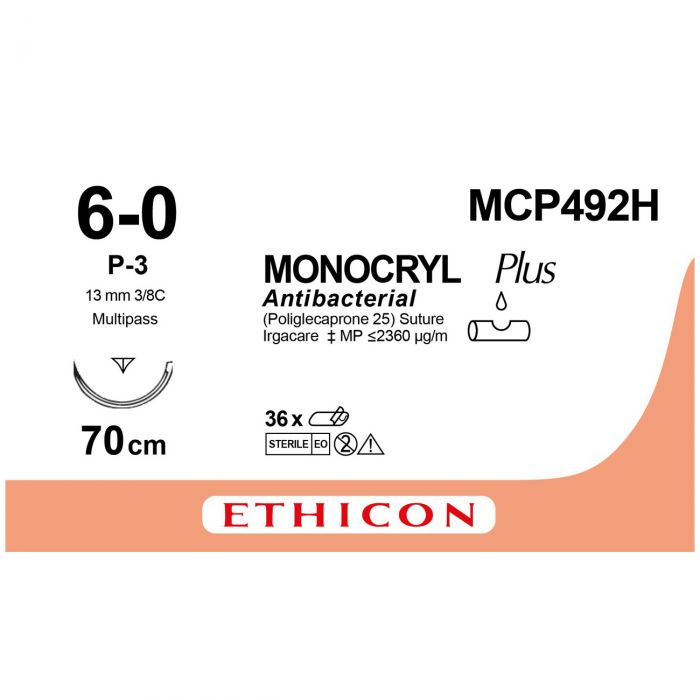 Ethicon Monocryl PLUS Sutures (Monofilament | Undyed | 6-0 | 70cm | Reverse Cutting Prime | 13mm | 3/8C) - (Pack 36)