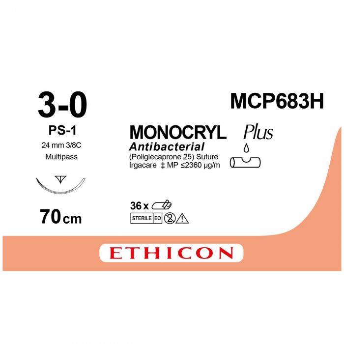 Ethicon Monocryl PLUS Sutures (Monofilament | Undyed | 3-0 | 70cm | Reverse Cutting Prime | 24mm | 3/8C) - (Pack 36)