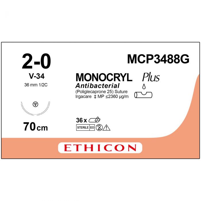 Ethicon Monocryl PLUS Sutures (Monofilament | Violet | 2-0 | 70cm | Tapercut | 36mm | 1/2C) - (Pack 12)