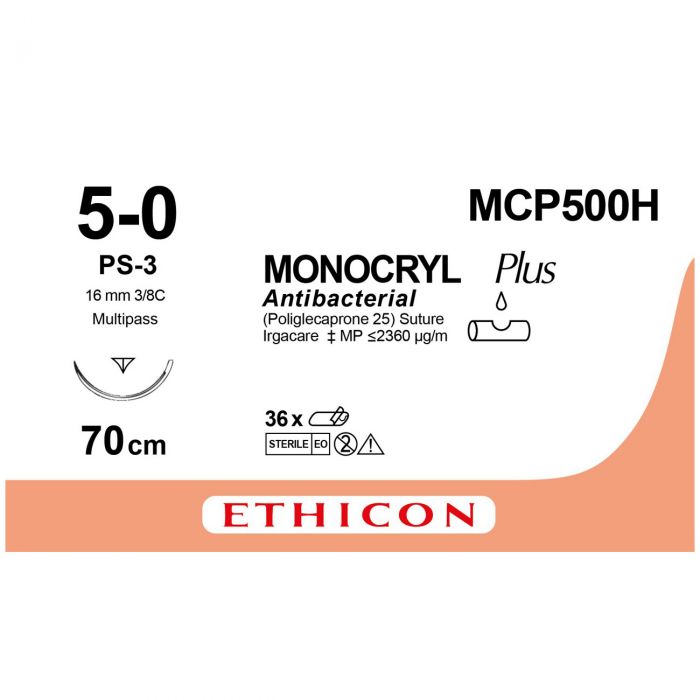 Ethicon Monocryl PLUS Sutures (Monofilament | Undyed | 5-0 | 70cm | Reverse Cutting Prime | 16mm | 3/8C) - (Pack 36)