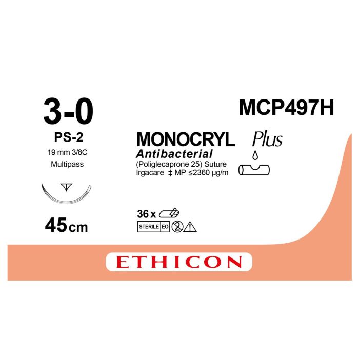 Ethicon Monocryl PLUS Sutures (Monofilament | Undyed | 3-0 | 45cm | Reverse Cutting Prime | 19mm | 3/8C) - (Pack 36)
