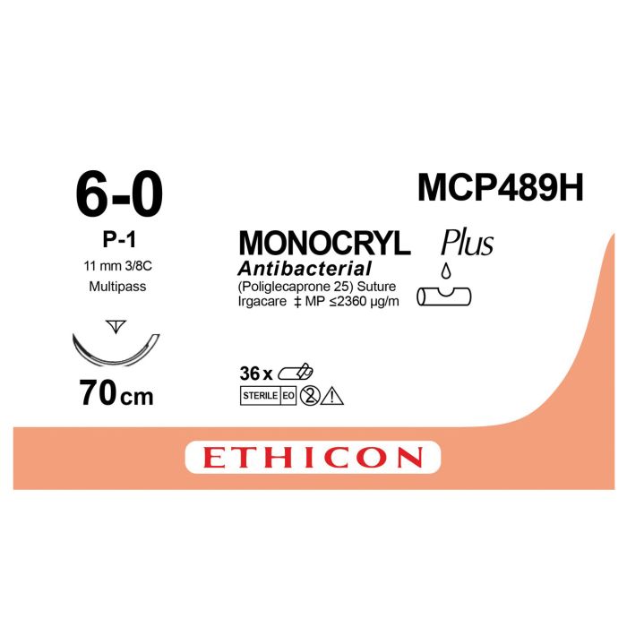 Ethicon Monocryl PLUS Sutures (Monofilament | Undyed | 6-0 | 70cm | Reverse Cutting Prime | 11mm | 3/8C) - (Pack 36)
