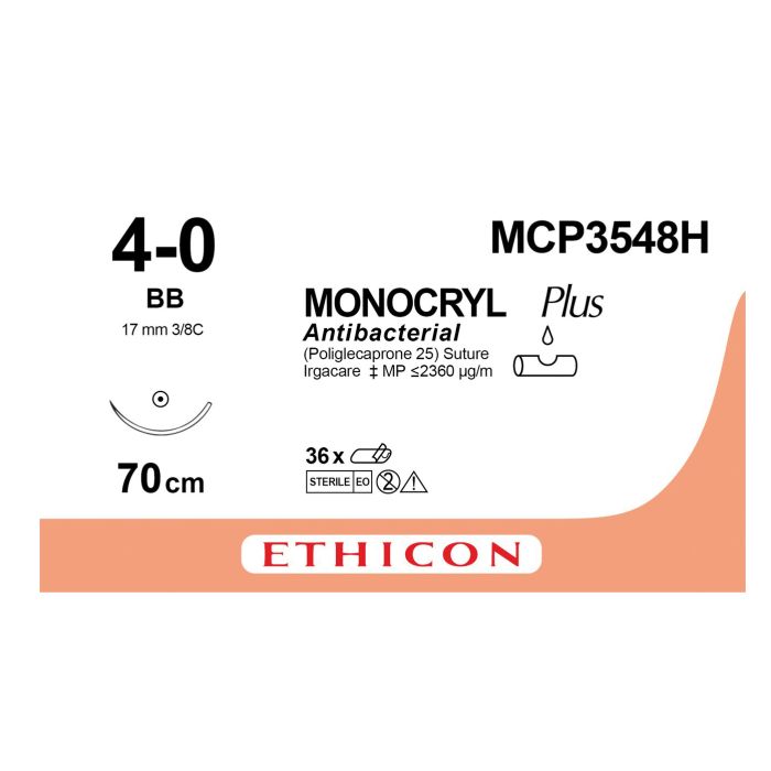 Ethicon Monocryl PLUS Sutures (Monofilament | Violet | 4-0 | 70cm | Taperpoint | 17mm | 3/8C) - (Pack 36)