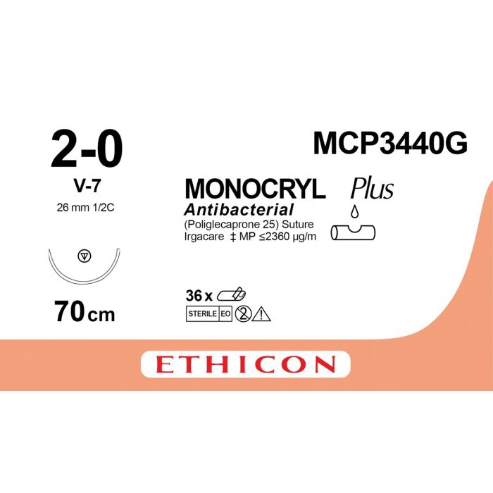Ethicon Monocryl PLUS Sutures (Monofilament | Violet | 2-0 | 70cm | Tapercut | 26mm | 1/2C) - (Pack 12)