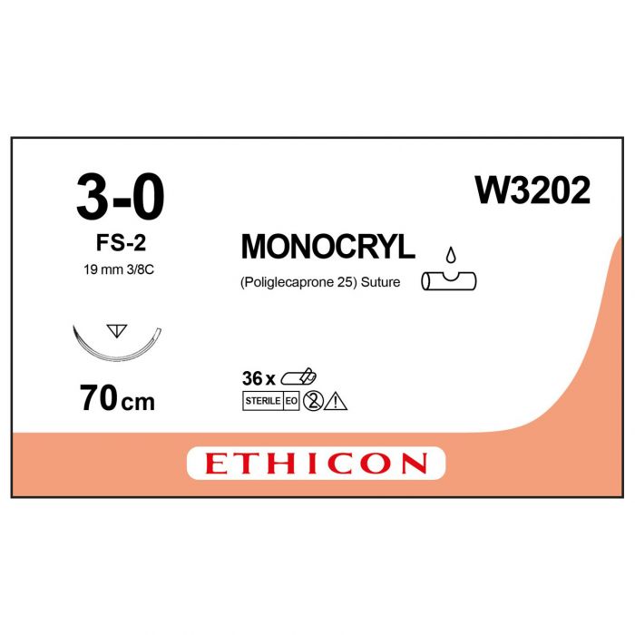 Ethicon Monocryl Sutures - 3/0 - 70cm - Undyed - (Pack 12)