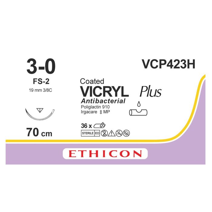 Ethicon Vicryl PLUS Sutures (Braided | Undyed | 3-0 | 70cm | Reverse Cutting | 19mm | 3/8C) - (Pack 36)