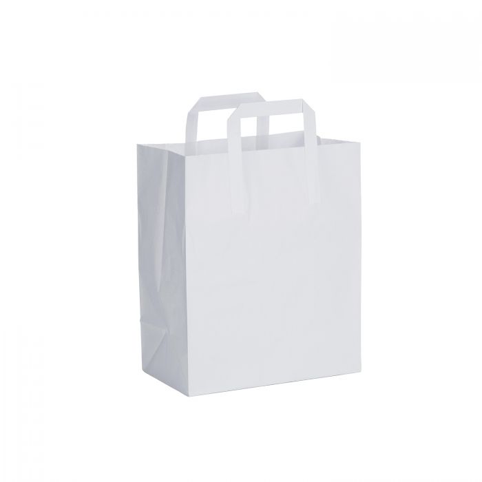 Plain White Paper Bag with Handle - Block Bottom - 297 x 250 x 140mm - (Pack 250)