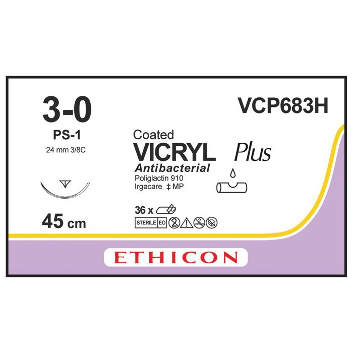 Ethicon Vicryl PLUS Sutures (Braided | Undyed | 3-0 | 45cm | Reverse Cutting Prime | 24mm | 3/8C) - (Pack 36)
