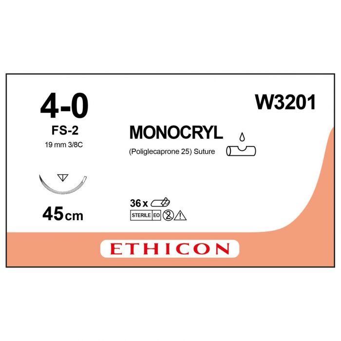 Ethicon Monocryl Suture - 4/0 - 45cm - Undyed - (Pack 12)