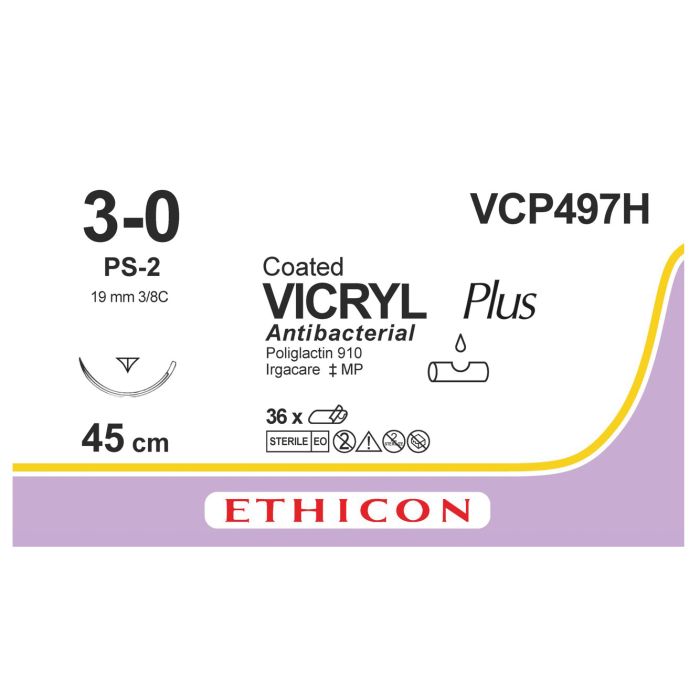Ethicon Vicryl PLUS Sutures (Braided | Undyed | 3-0 | 45cm | Reverse Cutting Prime | 19mm | 3/8C) - (Pack 36)