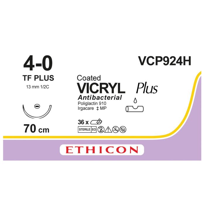 Ethicon Vicryl PLUS Sutures (Braided | Violet | 4-0 | 70cm | Taperpoint Plus | 13mm | 1/2C) - (Pack 36)
