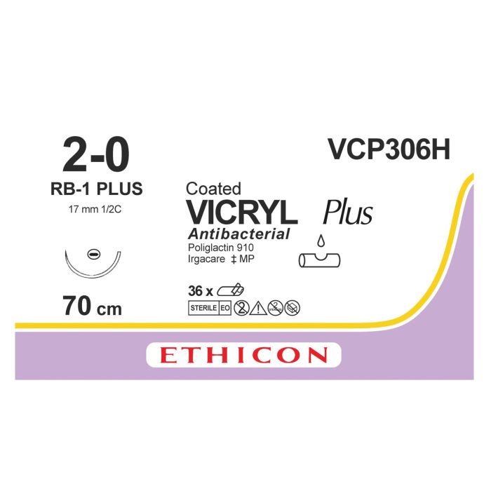 Ethicon Vicryl PLUS Sutures (Braided | Violet | 2-0 | 70cm | Taperpoint Plus | 17mm | 1/2C) - (Pack 36)