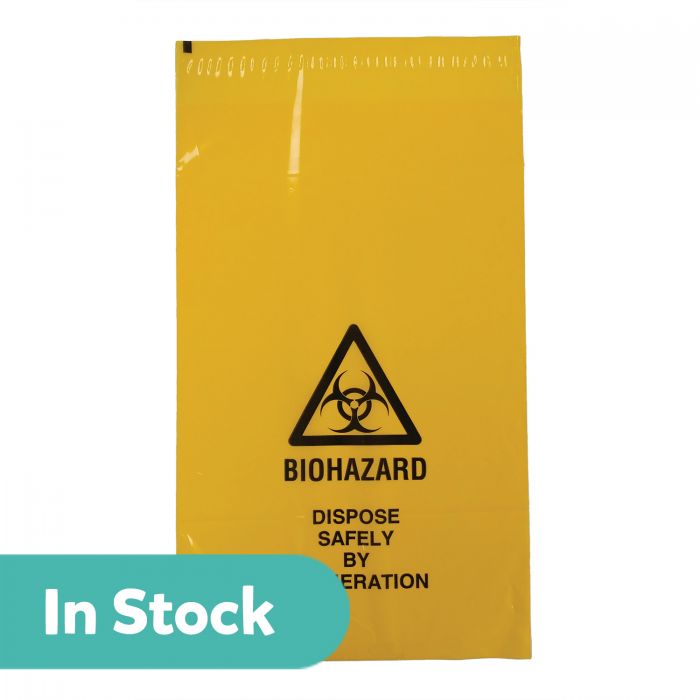 Small Yellow Biohazard Disposal Bag with Adhesive Strip - 205 x 360mm - (Pack 50)