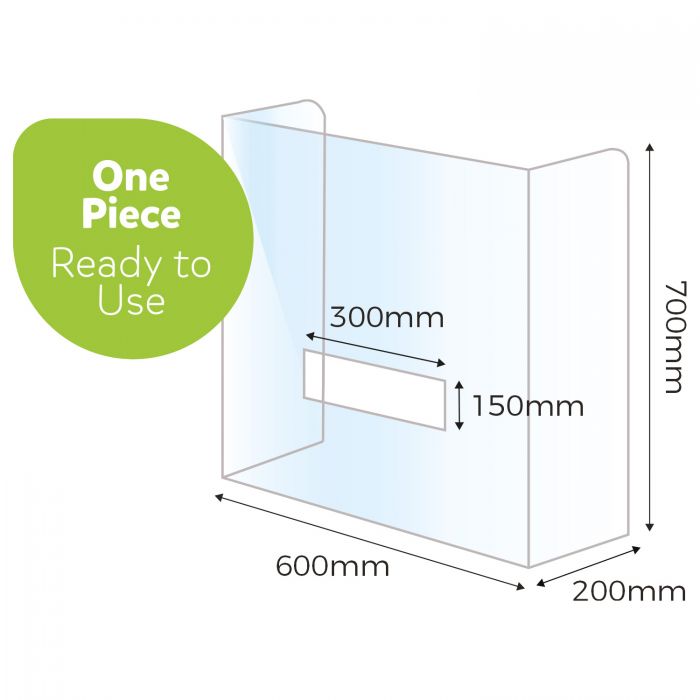 Desk Mounted Sneeze/Cough Screens with Cut-Out - U-Shaped - D:200mm x W:600mm x H:700mm - (Single)