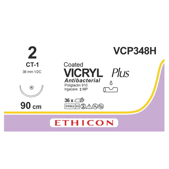 Ethicon Vicryl PLUS Sutures (Braided | Violet | 2-0 | 90cm | Taperpoint | 36mm | 1/2C) - (Pack 36)