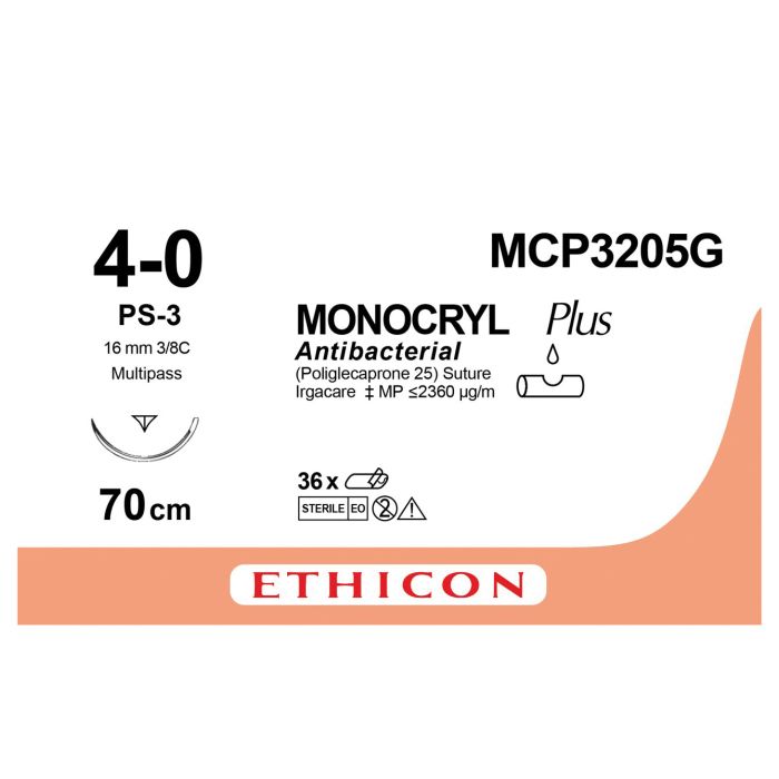Ethicon Monocryl PLUS Sutures (Monofilament | Undyed | 4-0 | 70cm | Reverse Cutting Prime | 16mm | 3/8C) - (Pack 12)