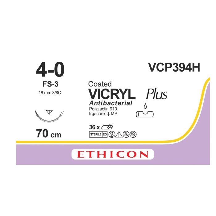 Ethicon Vicryl PLUS Sutures (Braided | Violet | 4-0 | 70cm | Reverse Cutting | 16mm | 3/8C) - (Pack 36)