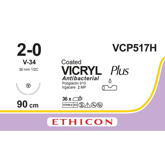 Ethicon Vicryl PLUS Sutures (Braided | Violet | 2-0 | 90cm | Tapercut | 36mm | 1/2C) - (Pack 36)