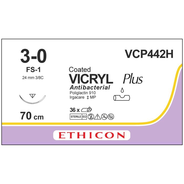 Ethicon Vicryl PLUS Sutures (Braided | Undyed | 3-0 | 70cm | Reverse Cutting | 24mm | 3/8C) - (Pack 36)