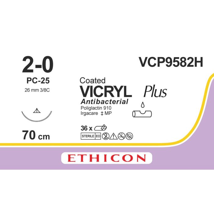 Ethicon Vicryl PLUS Sutures (Braided | Undyed | 2-0 | 70cm | Conventional Cutting PC | 26mm | 3/8C) - (Pack 36)