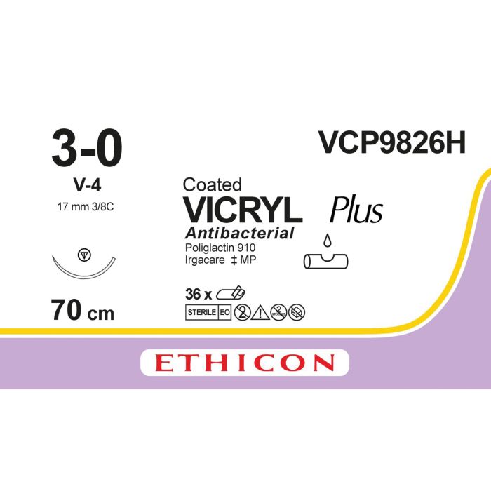 Ethicon Vicryl PLUS Sutures (Braided | Undyed | 3-0 | 70cm | Tapercut | 17mm | 3/8C) - (Pack 36)