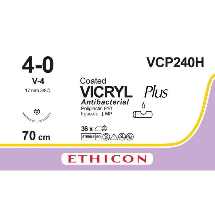 Ethicon Vicryl PLUS Sutures (Braided | Undyed | 4-0 | 70cm | Tapercut | 17mm | 3/8C) - (Pack 36)