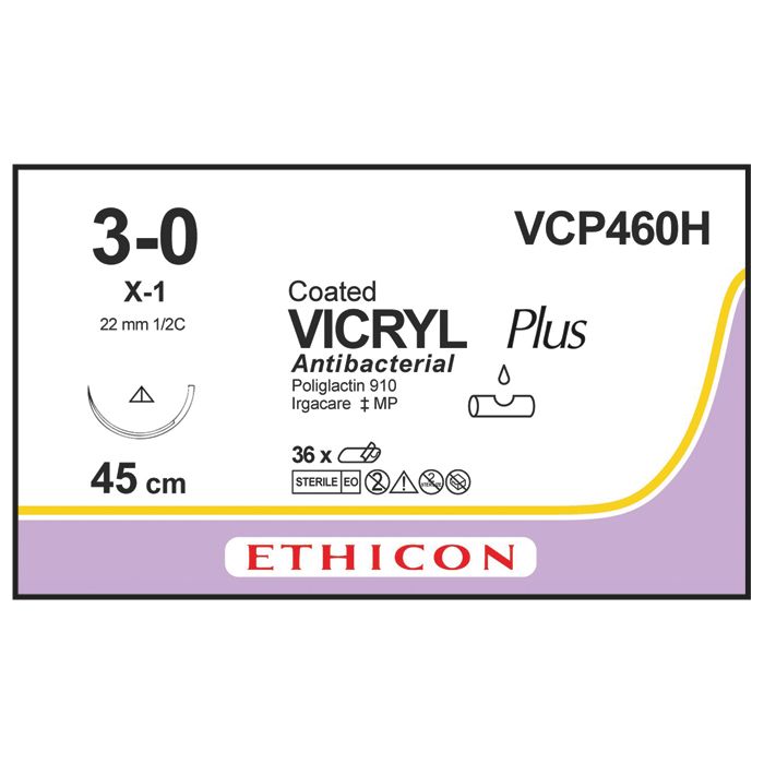 Ethicon Vicryl PLUS Sutures (Braided | Violet | 3-0 | 45cm | Conventional Cutting | 22mm | 1/2C) - (Pack 36)