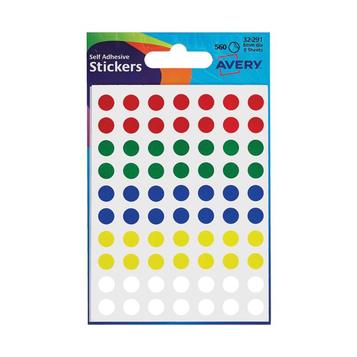 Round Coloured Labels - 8mm Diameter - Assorted Coours - 10x560 Labels - (Pack 5,600)