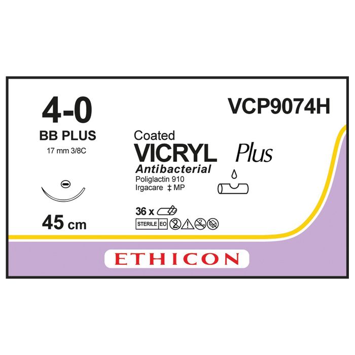 Ethicon Vicryl PLUS Sutures (Braided | Violet | 4-0 | 45cm | Taperpoint Plus | 17mm | 3/8C) - (Pack 36)