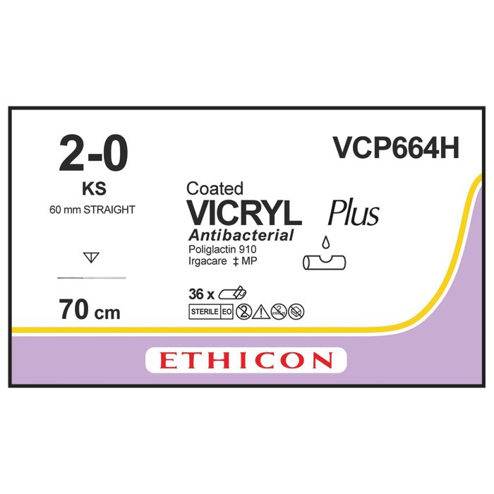 Ethicon Vicryl PLUS Sutures (Braided | Undyed | 2-0 | 70cm | Reverse Cutting | 60mm | Straight) - (Pack 36)