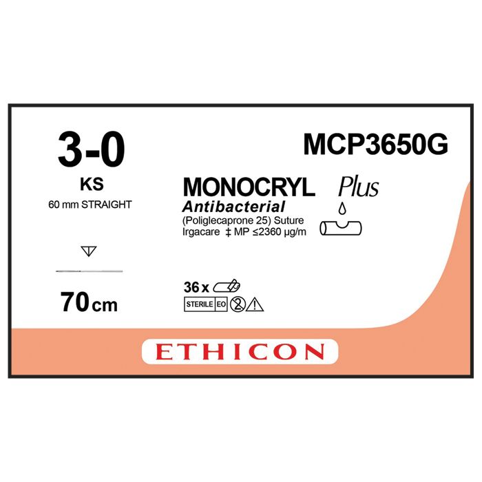 Ethicon Monocryl PLUS Sutures (Monofilament | Undyed | 3-0 | 70cm | Reverse cutting | 60mm | Straight) - (Pack 12)
