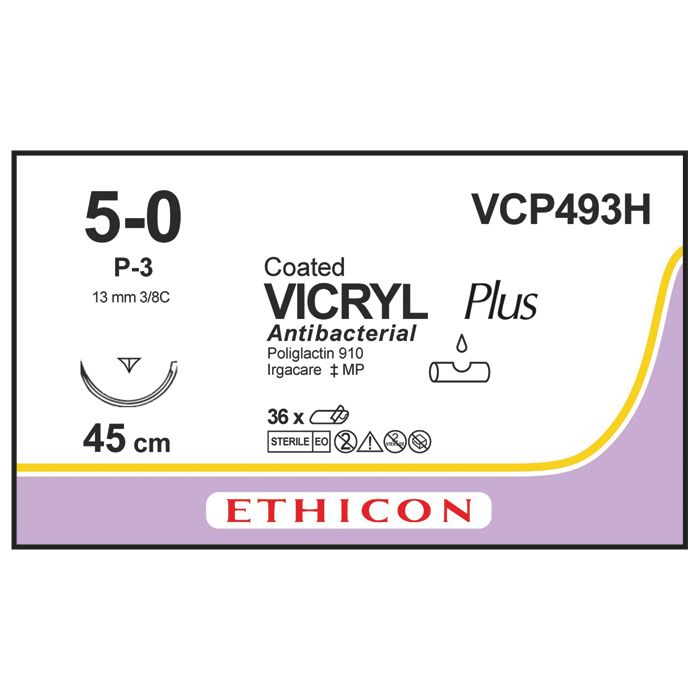 Ethicon Vicryl PLUS Sutures (Braided | Undyed | 5-0 | 45cm | Reverse Cutting Prime | 13mm | 3/8C) - (Pack 36)