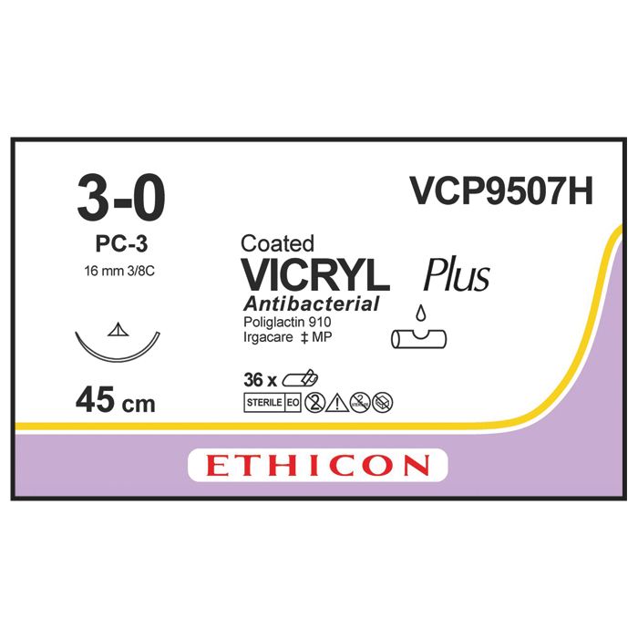 Ethicon Vicryl PLUS Sutures (Braided | Undyed | 3-0 | 45cm | Conventional Cutting PC | 16mm | 3/8C) - (Pack 36)