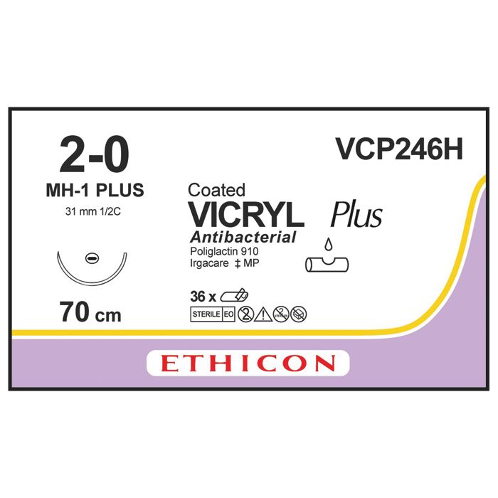 Ethicon Vicryl PLUS Sutures (Braided | Violet | 2-0 | 70cm | Taperpoint Plus | 31mm | 1/2C) - (Pack 36)