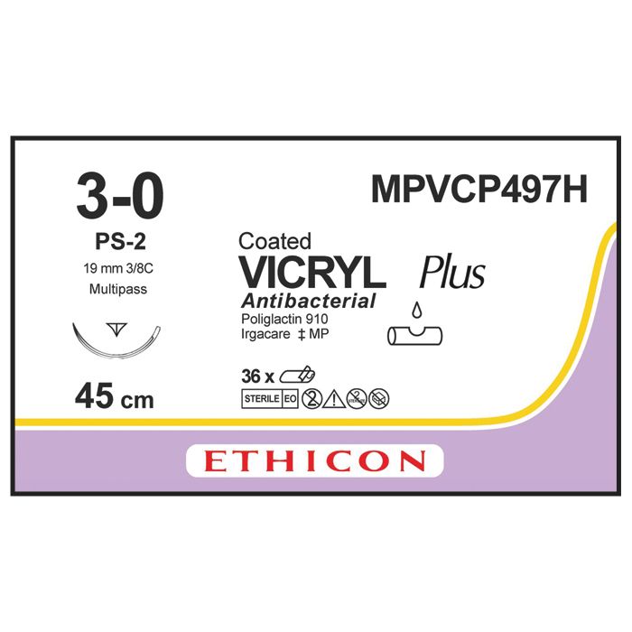 Ethicon Vicryl PLUS Sutures (Braided | Undyed | 3-0 | 45cm | Reverse Cutting Prime | 19mm | 3/8C) - (Pack 36)