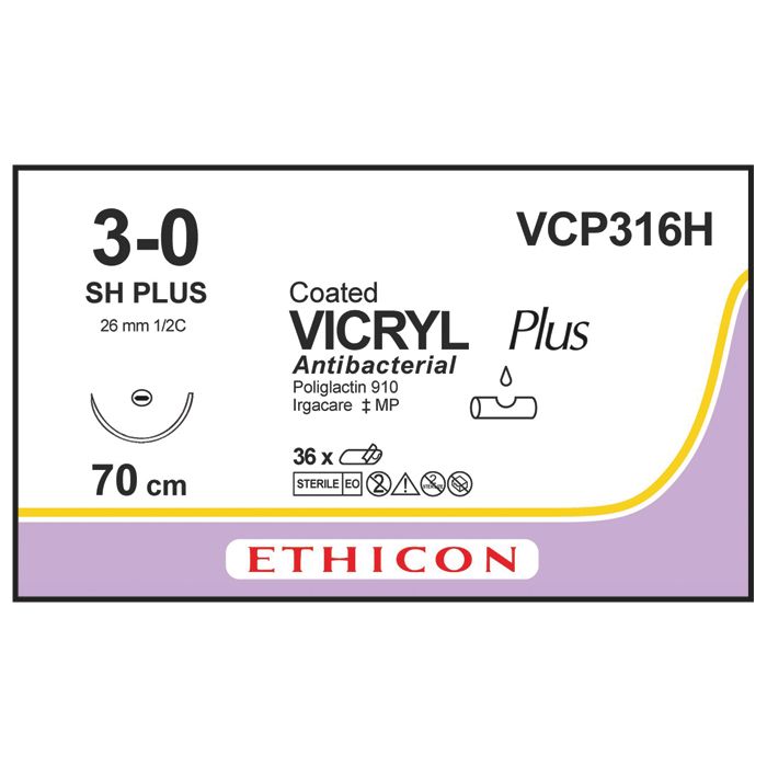 Ethicon Vicryl PLUS Sutures (Braided | Violet | 3-0 | 70cm | Taperpoint Plus | 26mm | 1/2C) - (Pack 36)
