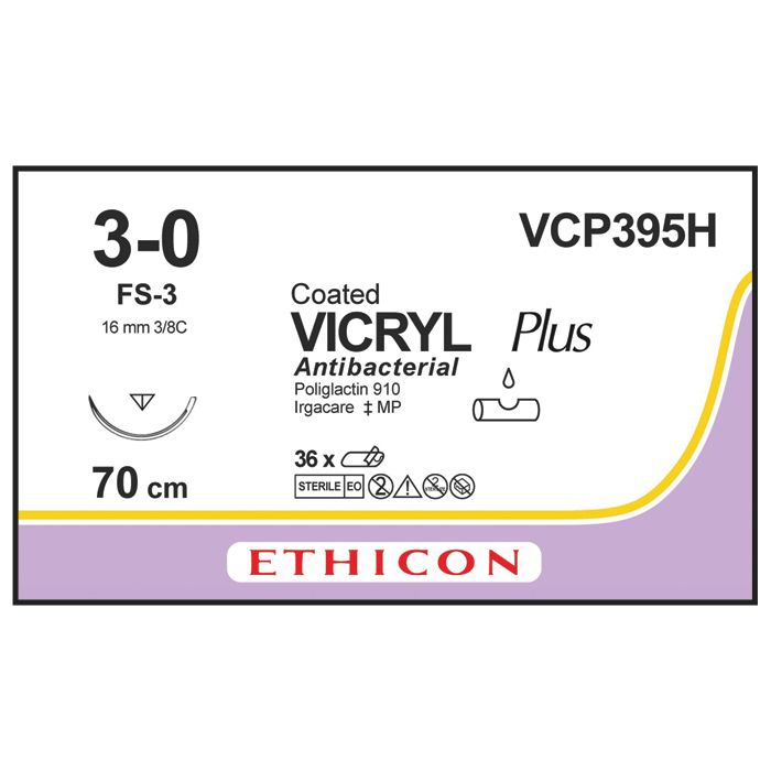 Ethicon Vicryl PLUS Sutures (Braided | Violet | 3-0 | 70cm | Reverse cutting | 16mm | 3/8C) - (Pack 36)