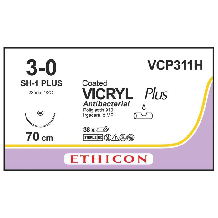 Ethicon Vicryl PLUS Sutures (Braided | Violet | 3-0 | 70cm | Taperpoint Plus | 22mm | 1/2C) - (Pack 36)