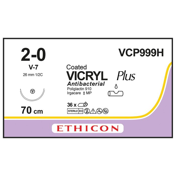 Ethicon Vicryl PLUS Sutures (Braided | Violet | 2-0 | 70cm | Tapercut | 26mm | 1/2C) - (Pack 36)