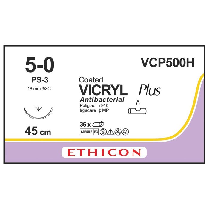 Ethicon Vicryl PLUS Sutures (Braided | Undyed | 5-0 | 45cm | Reverse Cutting Prime | 16mm | 3/8C) - (Pack 36)