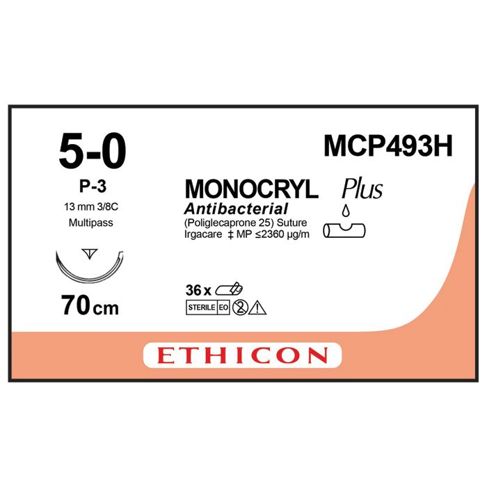 Ethicon Monocryl PLUS Sutures (Monofilament | Undyed | 5-0 | 70cm | Reverse Cutting Prime | 13mm | 3/8C) - (Pack 36)